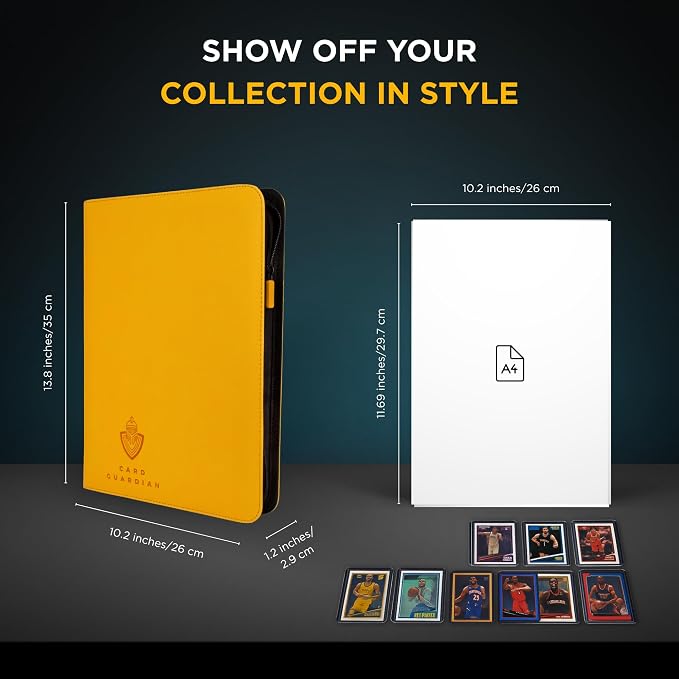 Card Guardian - 9 Pocket Premium Black Binder with Zipper for 360 Cards - Side Loading Pockets for Trading Card Games TCG (Yellow)