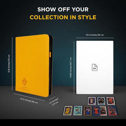 Card Guardian - 9 Pocket Premium Black Binder with Zipper for 360 Cards - Side Loading Pockets for Trading Card Games TCG (Yellow)