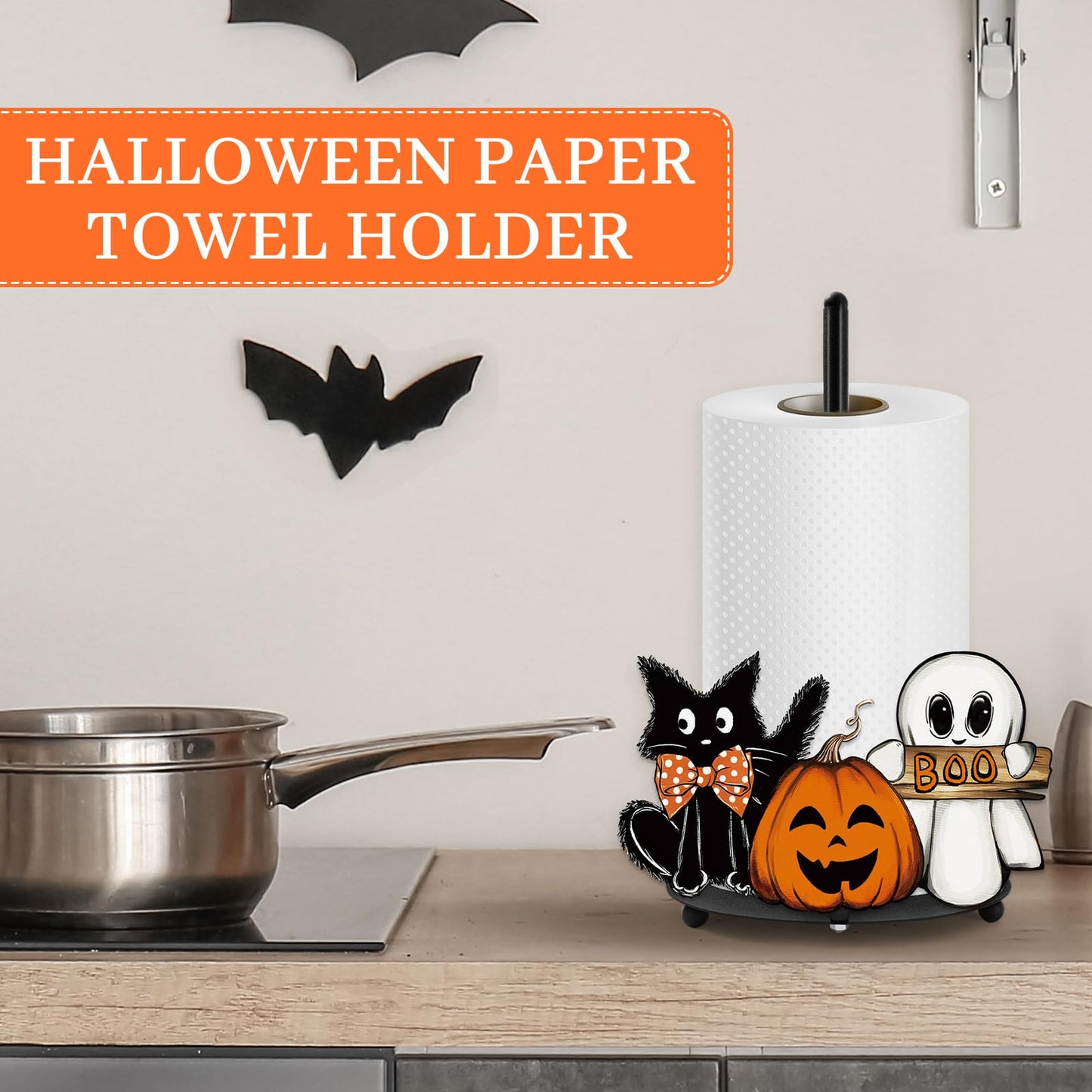 Whaline Halloween Paper Towel Holder Pumpkin Ghost Boo Cat Metal Towel Stand Trick or Treat Decoration Accessory for Holiday Party Home Kitchen Countertop