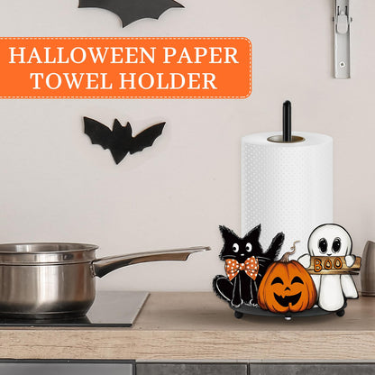 Whaline Halloween Paper Towel Holder Pumpkin Ghost Boo Cat Metal Towel Stand Trick or Treat Decoration Accessory for Holiday Party Home Kitchen Countertop
