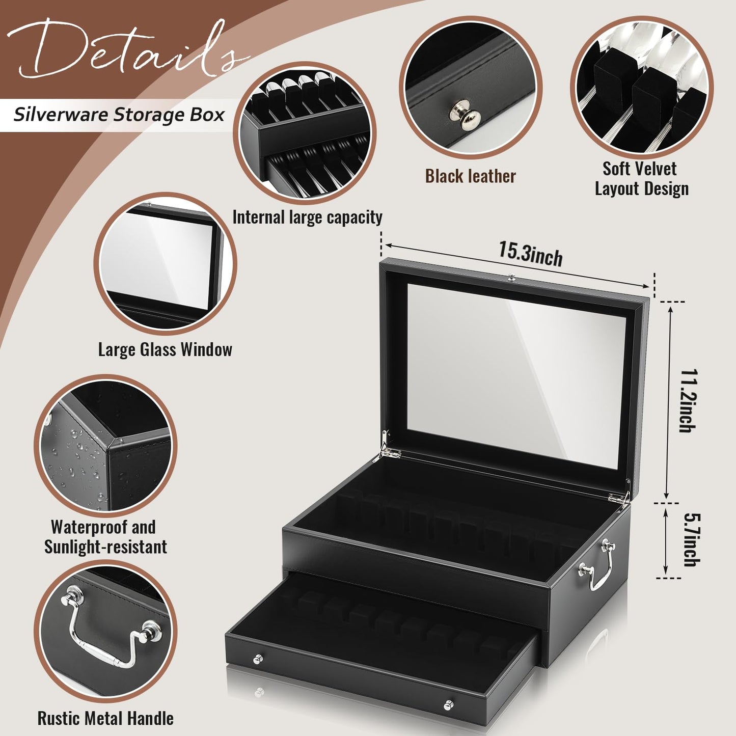 DoubleFill 2 Layer Leather Silverware Storage Box with Lid and Handles, Anti Tarnish Silverware Storage Chest Case with Felt-lined for 12-16 or More Sets of Utensils Flatware Gifts, 15.3x11.2x5.7 Inch