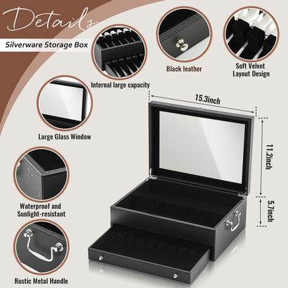 DoubleFill 2 Layer Leather Silverware Storage Box with Lid and Handles, Anti Tarnish Silverware Storage Chest Case with Felt-lined for 12-16 or More Sets of Utensils Flatware Gifts, 15.3x11.2x5.7 Inch