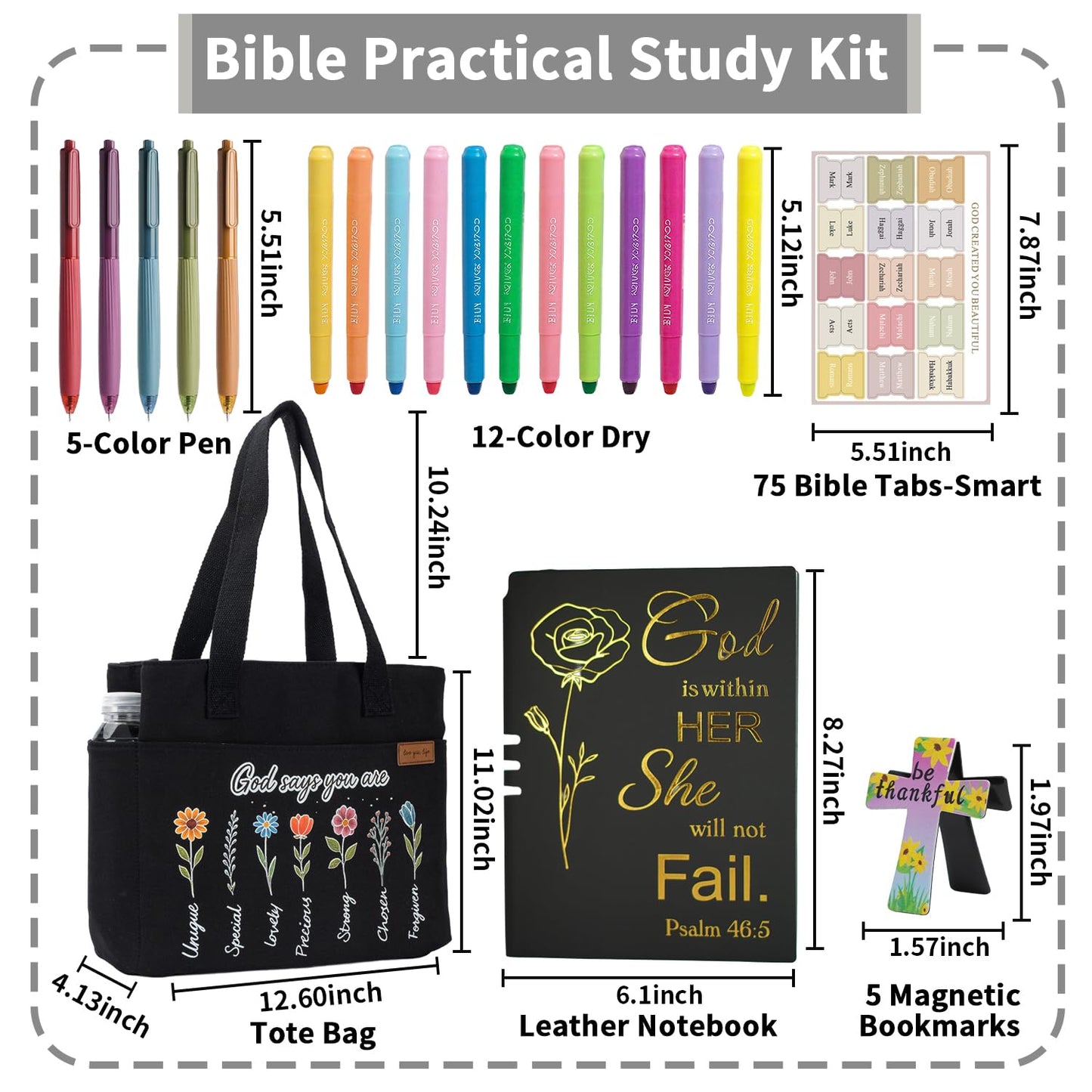 25 PCS Bible Study Supplies Kit, Large Capacity Canvas Tote Bag for Women Organizer, Bible Highlighters and Quick Dry Pens No Bleed Through, Notebook Bible Tabs Cross Bookmark Journaling Accessories