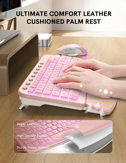 SABLUTE Wireless Keyboard and Mouse Combo Ergonomic - MA12Pro Wave Keyboard with Leather Wrist Rest for Comfortable Typing, RGB Backlit Rechargeable for Windows, Mac, PC, Laptop (Pink)