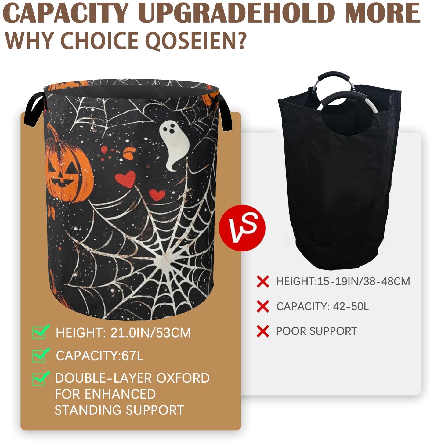 Halloween Laundry Basket Pumpkin Collapsible Hamper with Handles, Bat Spider Web Waterproof Oxford Storage Bin for Bathroom Bedroom Nursery Home Halloween Decor 16"x20"