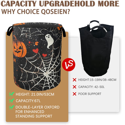 Halloween Laundry Basket Pumpkin Collapsible Hamper with Handles, Bat Spider Web Waterproof Oxford Storage Bin for Bathroom Bedroom Nursery Home Halloween Decor 16"x20"