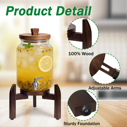 Homeqttomt Drink Dispenser Stand Adjustable Width for 5-Gal Jugs & Beverage Jars with Round Flat Tray - Sturdy Walnut Holder for Water Coolers, Plant Pots (Walnut wood color)
