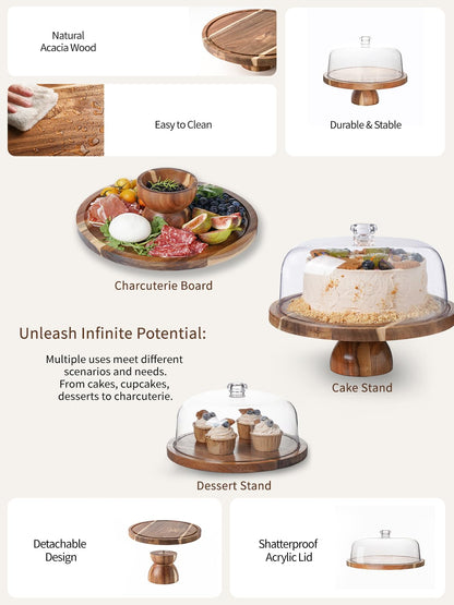 Kanwone Acacia Wood Cake Stand with Acrylic Lid - 12in Cake Plate, Multi-Functional Dessert Table Display Set, Charcuterie Board, Cake Holder with Dome, Detachable Design