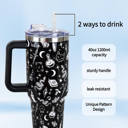 Goth 40 Oz Tumbler with Handle and Straw Halloween Gothic Coffee Travel Cup Mug Water Bottle Drinking Glass, Unique Gothic Witchy Goth Gifts for Women, Halloween Goth Gift Ideas, Goth Accessories