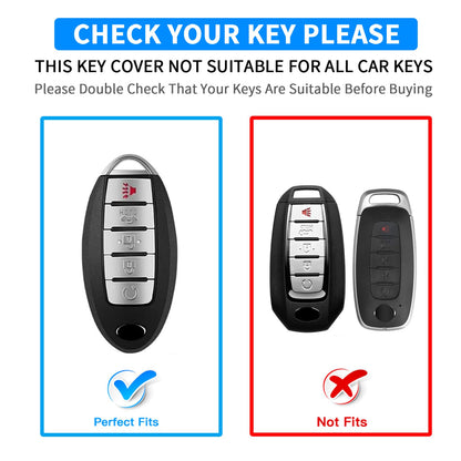 QBUC for Nissan Genuine Leather Key Fob Cover Protective Case with Keychain for Rogue Pathfinder Murano Armada Frontier Sentra Altima Versa Titan Maxima Titan Xterra 5-Buttons(Black Leather)