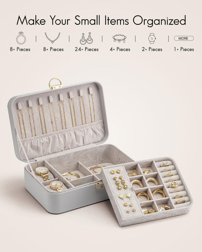 VLANDO 2 Layer Jewelry Box,Jewelry Organizer Storage Lockable Earring Organizer Removable Jewelry Tray with Watch Pillow for Neckable Ring Bracelets-Grey