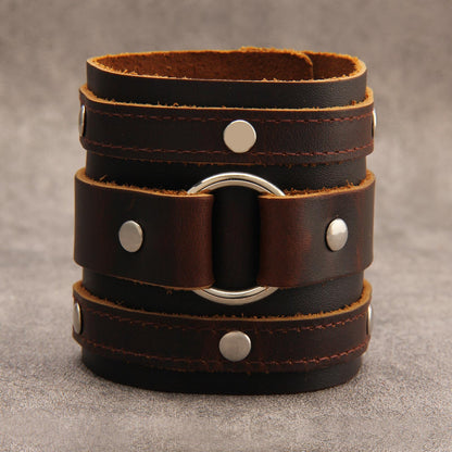 GelConnie Genuine Leather Wristband Punk Alloy Buckle Bracelet Brown Arm Cuff Wide Leather Wristband Cuff Bracelet for Men