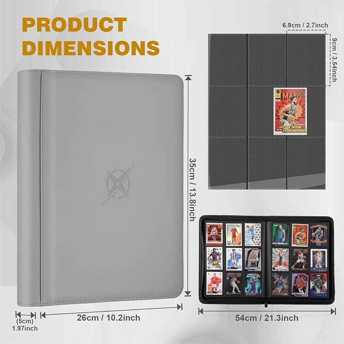 Trading Card Binder, Card Binder 9 Pocket for Trading Cards, Holds 540 Cards, Zippered Premium Card Collection Binder Album for Game Card, Sports Card, Yugioh, MTG (Carbon ash)