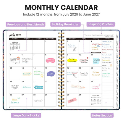 Academic Planner 2026-2027, Monthly and Weekly Calendar Planner, July 2026 - June 2027, Pretty Hardcover Teacher Student Planning Agenda Book with Tabs, Fit for School Office Supplies, 6.3" x 8.5", Aurora Valley