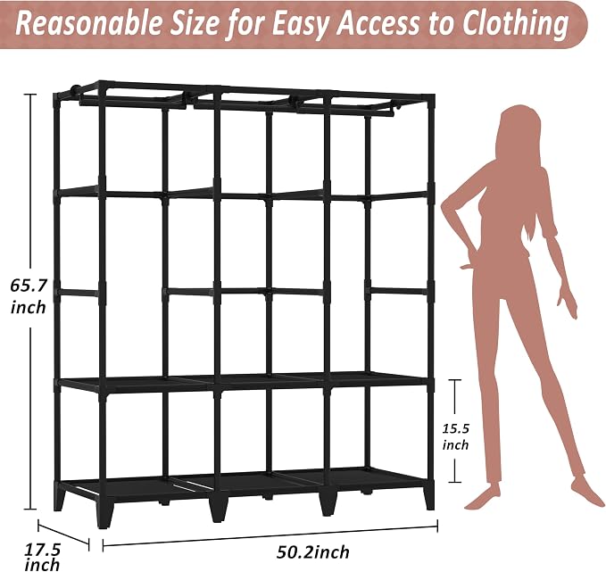 Wardrobe Closet, Quick and Easy Assembly, Black Large Capacity Portable Closet with 3 Hanging Rods 6 Storage Shelves and 8 Side Pockets, Clothes Rack with Cover, for Bedroom and Living Room
