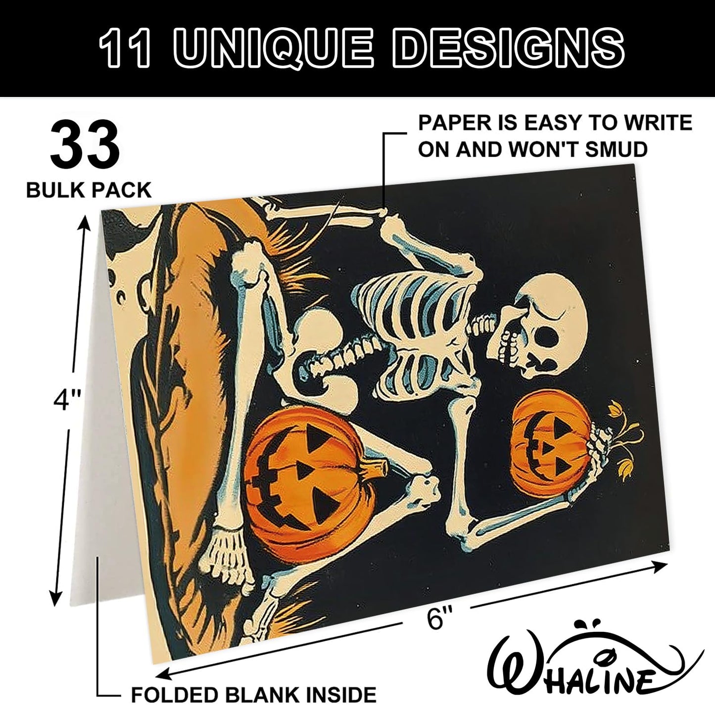 Whaline 33 Pack Halloween Cards Vintage Cartoon Greeting Cards with Envelopes Stickers Glue Stick Blank Note Card for Party Invitations, 4 x 6 Inch