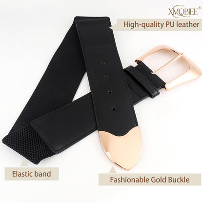 XMQBIEE Women's Wide Elastic Waist Belt with Gold Western Buckle, Retro Leather Waist Belt for Dresses Jeans and Coats