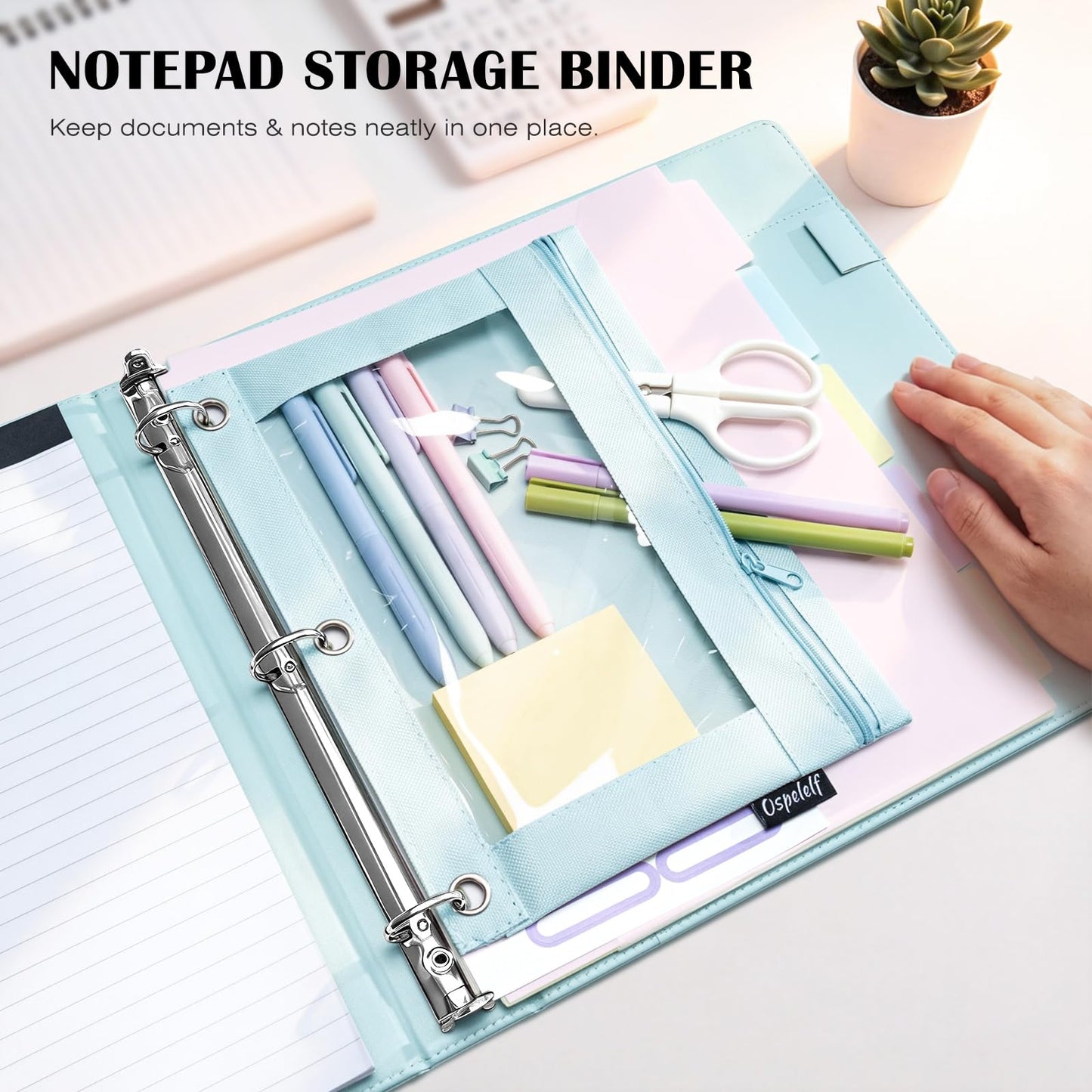 Ospelelf Leather 3 Ring Binder for Letter Size Documents with Pocketed Storage Dividers, Pencil Pouch & Notepad, 1 Inch Round Rings, Holds 175 Sheets, for Office School Home Organization, Light Blue