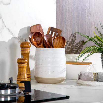 Officepal 6.8" Large Ceramic Kitchen Utensil Holder - Utensil Holder for Kitchen Counter, Modern Farmhouse Style Holder for Spoons, Spatulas & Cooking Tools (White)