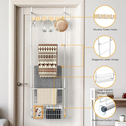 Over The Door Towel Rack,5-Tier Over Door Towel Racks for Bathroom,Towel Rack with Hooks and Basket Door Hanging,Blanket Ladder for Living Room White