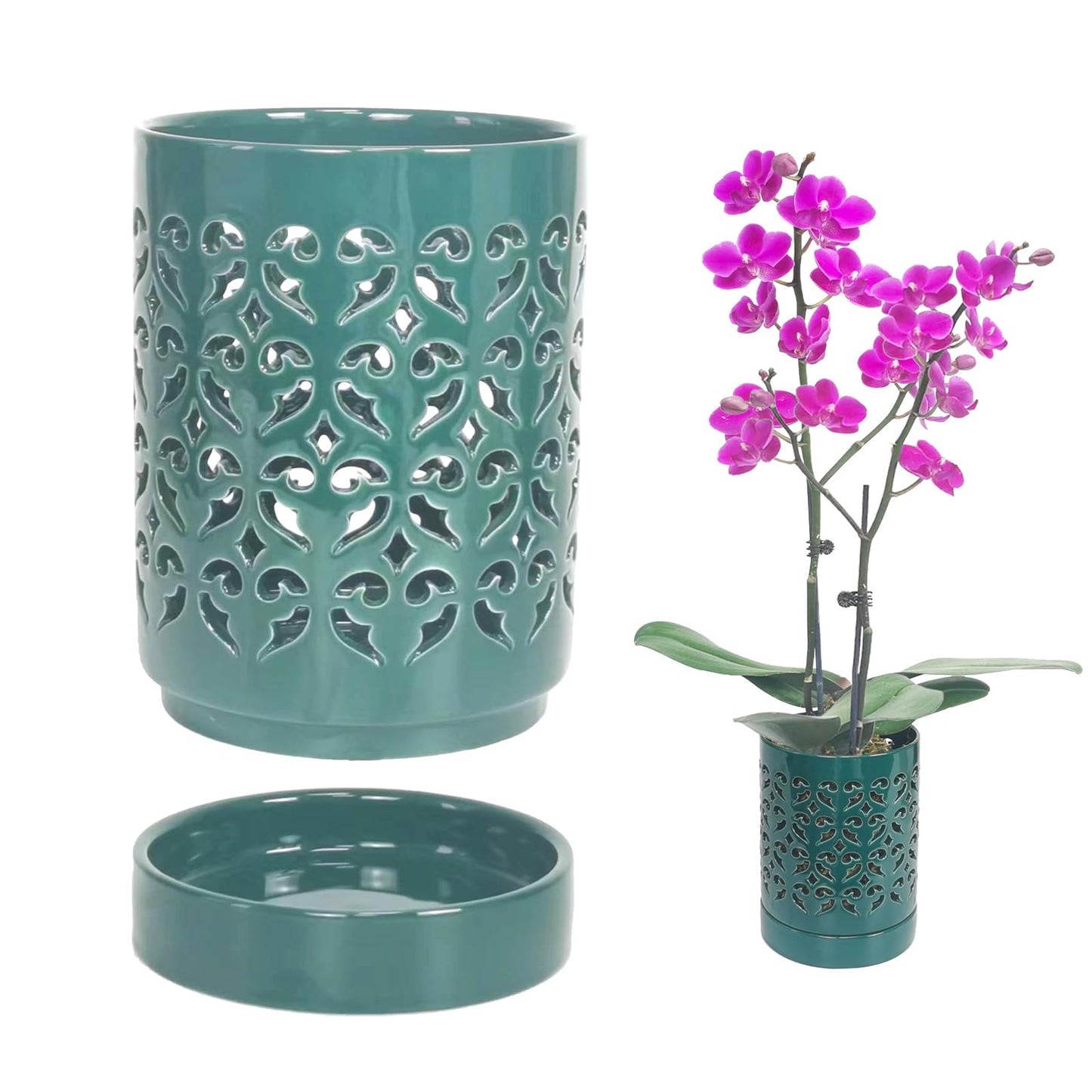 pavtner Ceramic Orchid Pot 4 Inch, Orchid Pots with Holes, Plant Pot for Repotting, Flower Planter Pot Indoor Outdoor, Green Chirstmas Gift for Women.