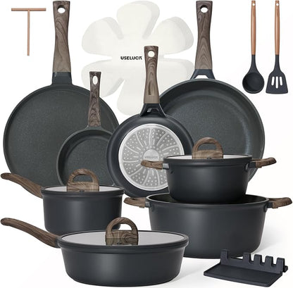 USELUCK Pots and Pans Set Nonstick 22 Pcs, Ceramic cookware set Non-Toxic CoatingGray Granite Kitchen Cookware Set, Induction Kitchen Cooking Set w/Frying Pans & Glass Lids, PFOS & PFOA Free