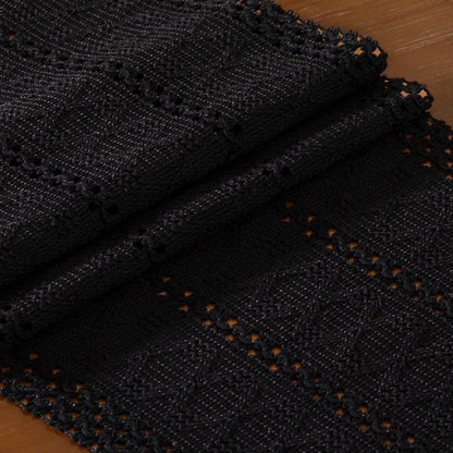 DeZerlor Boho Macrame Table Runner Spring Easter Farmhouse Woven Table Runner with Tassels 90 Inches Halloween Black Cotton Linen Kitchen Table Decor for Dining Dresser Home Tea Table Decor
