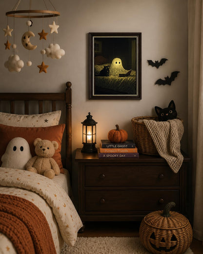 Ghost and Black Cat Wall Art 9x11, Dark Brown Framed Canvas Print, Cute Spooky Reading Ghost Picture, Halloween Bedroom Decor for Cat Lovers