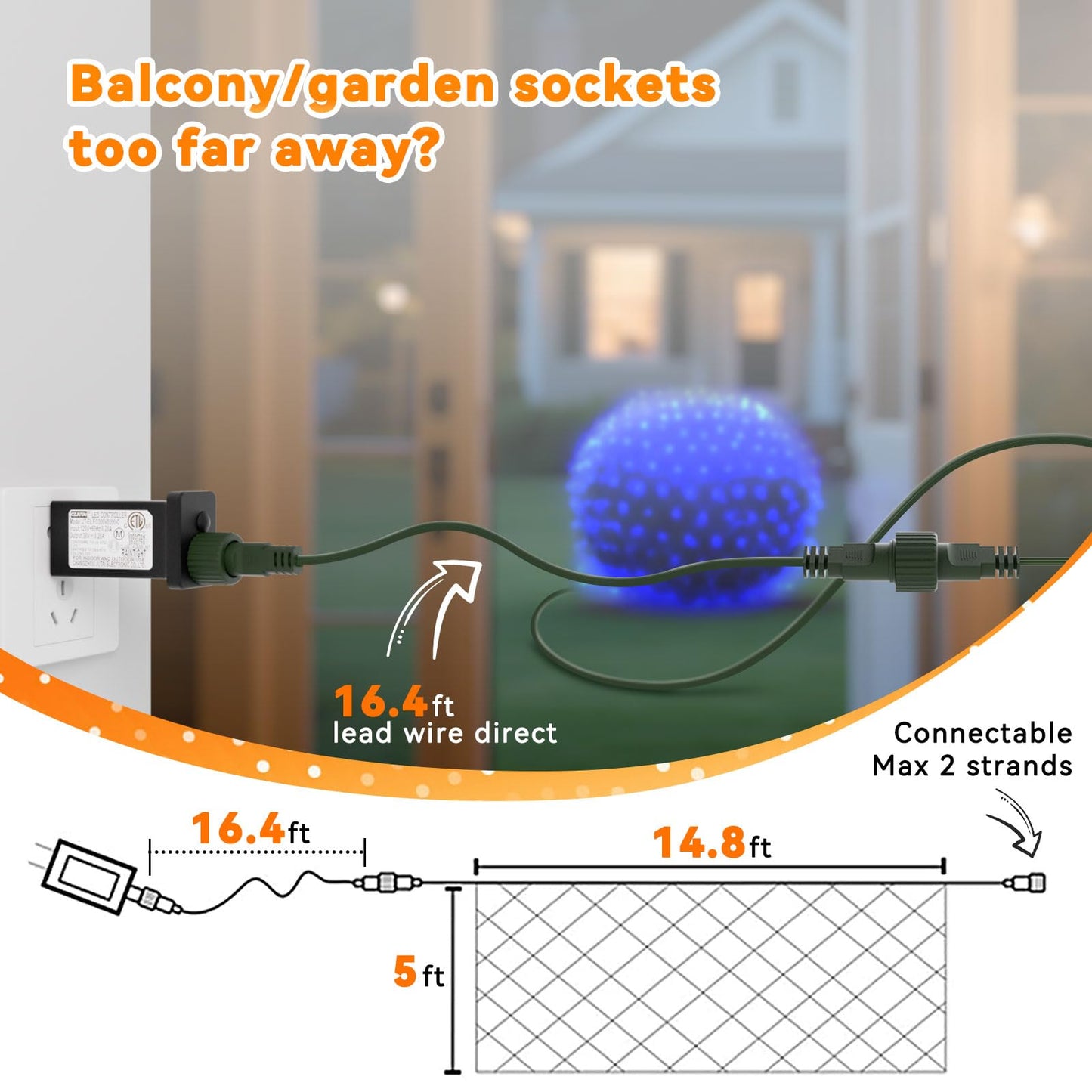 LitHome 14.8FT x 5FT Christmas Net Lights Outdoor Mesh Lights, 300 LED Christmas Blue Net Light for Bushes Connectable, 8 Modes Giant Mesh Light Waterproof Green Wire for 4th of July Tree Garden Decor