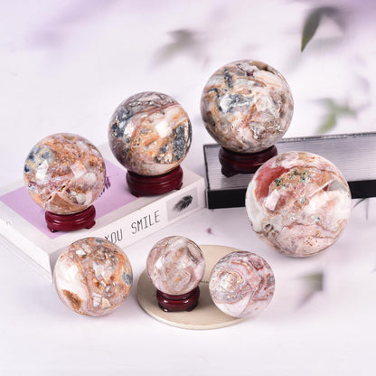 JIC Gem Natural Striped Agate Crystal Sphere with Wooden Stand Decorative Crystal Ball Healing Gemstone Sphere for Meditation Feng Shui Witch-Style Decor70-80mm