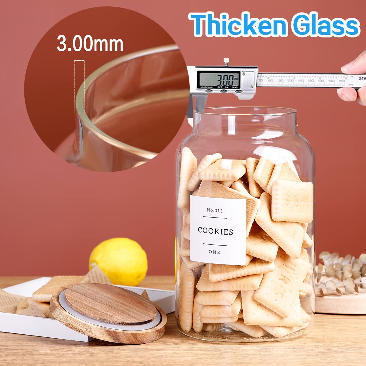 1 Gallon Large Glass Cookie jar with Airtight Acacia lids - Thicken Big Food Storage Containers with 42 Kitchen Waterproof Pantry Labels Preprinted - Clear Glass Canister for Flour, Rice, Coffee