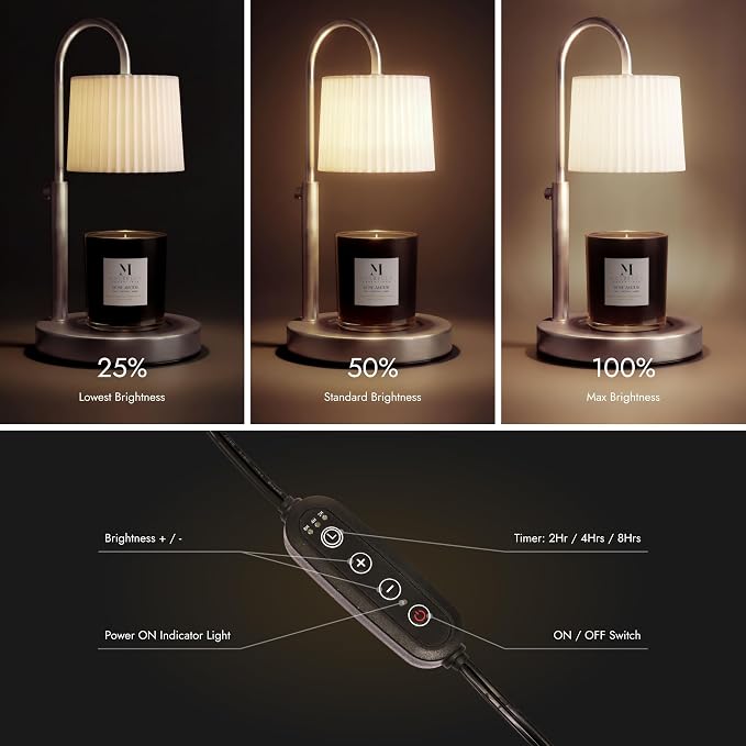 Dimmable Glass Candle Warmer Lamp with Timer - Adjustable Height Candle Lamp Warmer with Timer (8H/4H/2H) - Wax Melter - Ideal Gift, fits Various Size Scented Candles - 02 Bulb - (Brushed Nickel)