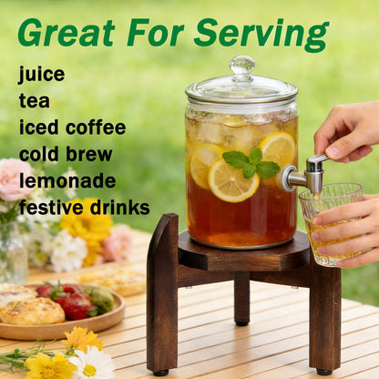 Homeqttomt Drink Dispenser Stand Adjustable Width for 5-Gal Jugs & Beverage Jars with Round Flat Tray - Sturdy Walnut Holder for Water Coolers, Plant Pots (Walnut wood color)