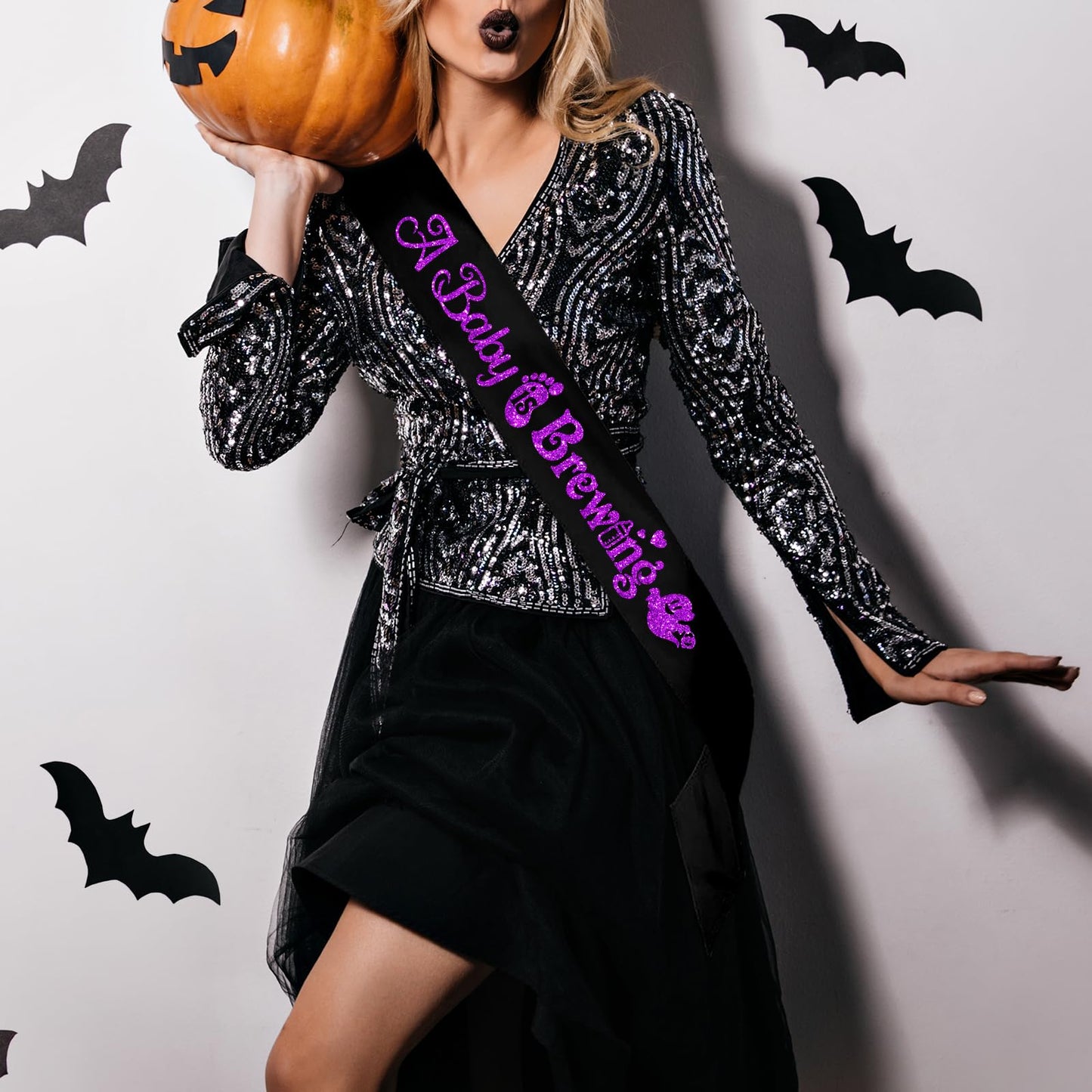 A Baby is Brewing Black Sash - Purple Foil Halloween Theme Baby Shower Gender Reveal Party Accessories - Pregnancy Celebration Party Decoration
