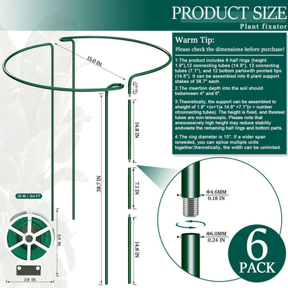 6-Pack 38.7” Plant Support Stakes, Steel Plant Cage & Peony Tomato Hydrangea Cage, Garden Stakes for Outdoor Plants, Heavy-Duty Plant Stakes, 16.7” Support + 22” Extension Tubes