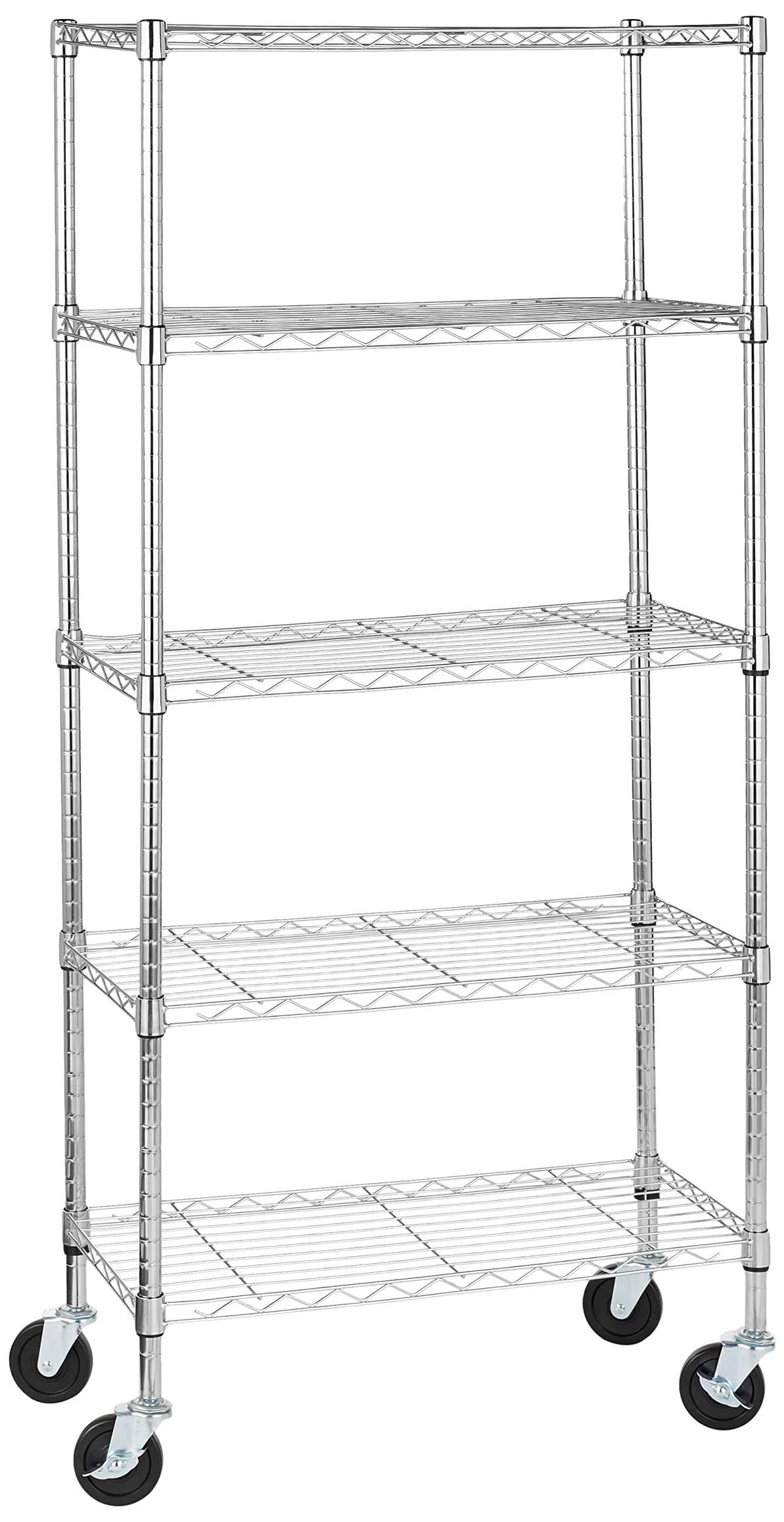 Amazon Basics 5-Shelf Adjustable, Heavy Duty Storage Shelving Unit on 4" Wheel Casters, Easy to Move Portable Wire Shelving, No Tools Needed for Easy Assembly, 30" x 14" x 64.8", Chrome