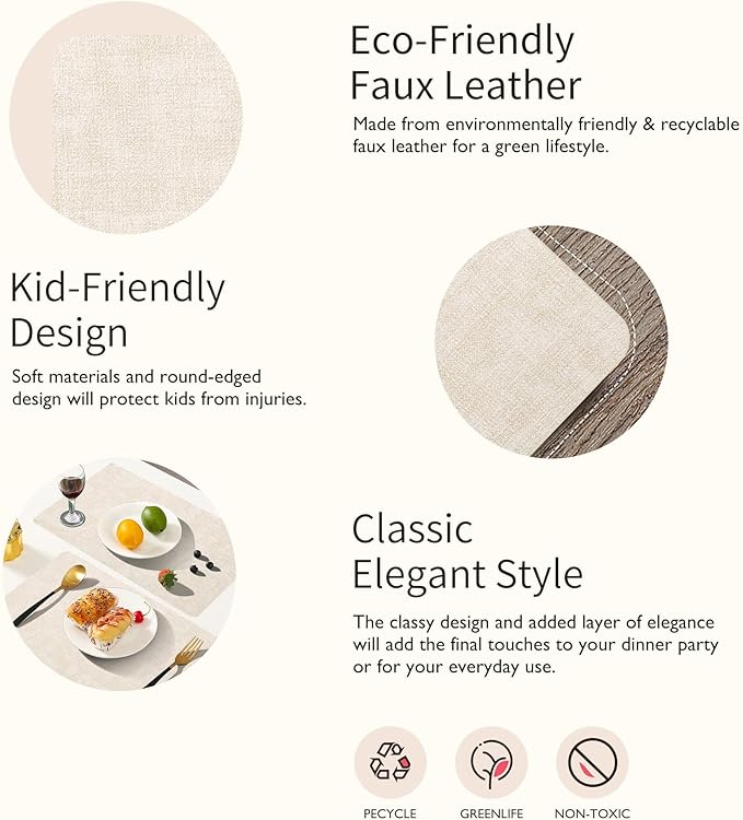 Maxpearl Faux Leather Placemats Set of 8 – Waterproof, Wipe Clean, Heat Resistant, Non-Slip Dining Table Mats for Indoor & Outdoor Use, 17”×12”, Beige