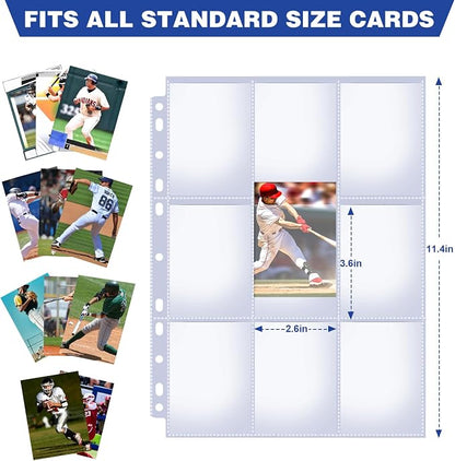 200 Pack 9 Pocket Card Sleeves Binder Sheets, Holds 3600 Cards, Trading Card Sleeves for 3 Ring Binder, Protective Pages Sheets for Baseball, Football, Business, Game Cards