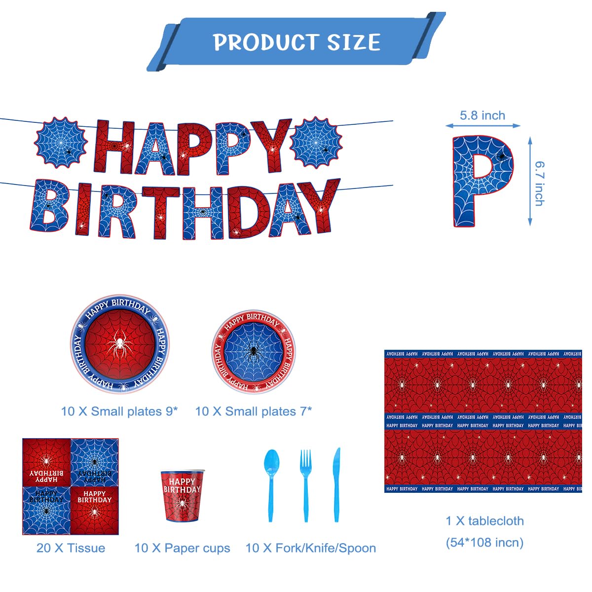 96Pcs Spider Birthday Party Tableware, Spiderweb Theme Plates Napkins Cups Forks Knives Spoons Banner Party Supplies