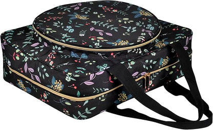 Portable Square Cross Stitch Starter Kits Bag Embroidery Project Bag Embroidery Tool Storage Tote Bag with Multifunctional Pockets, Bag Only (Black Leaves)