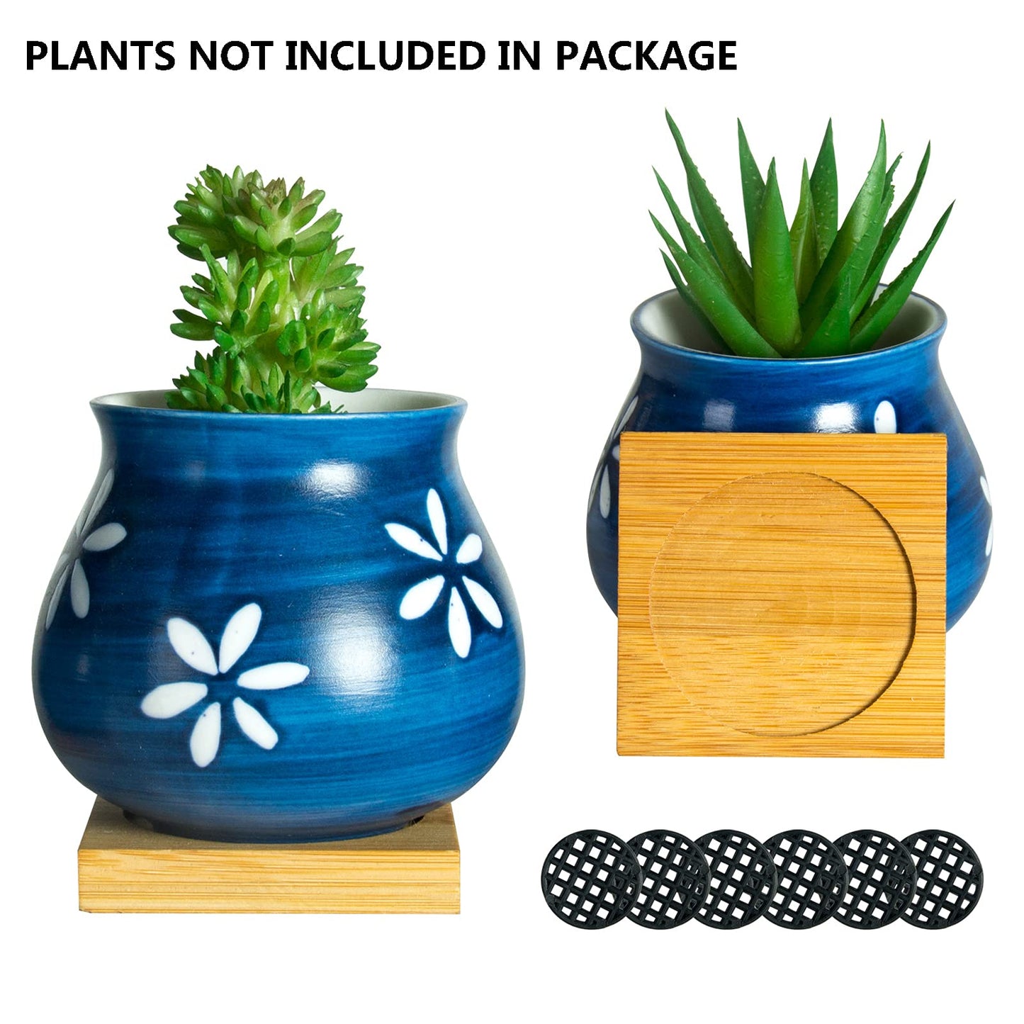 Cute Succulent Pots with Drainage Bamboo Tray - 3" Succulent Planters with Drainage Hole Ceramic Planter Tiny Pots for Indoor Small Plants, Small pots for Succulents Cactus Container Set of 6