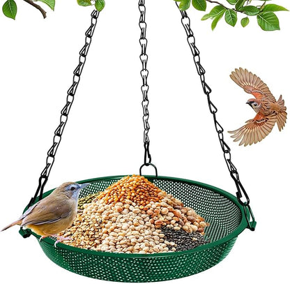 Hanging Bird Feeder for Outdoors – 9 in Metal Mesh Bird Feeder Tray Platform for Small Wild Birds, Green