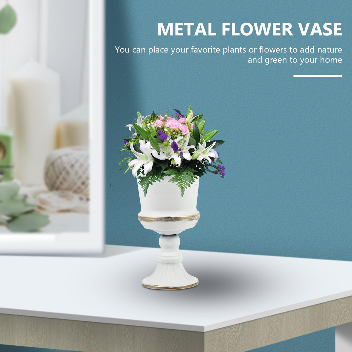 Yardwe White Iron Urn Planters for Outdoor Decor, 12"