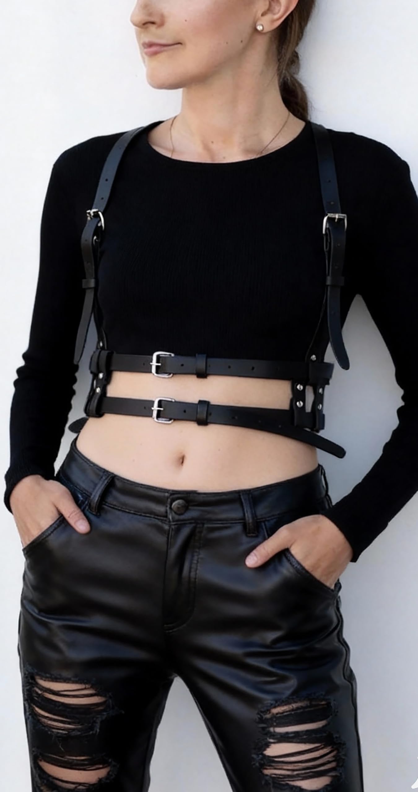 Women Adjustable Faux Leather Harness Belt Punk Fashion Waist Belt with Alloy Buckles Layered Outfit for Dresses Shirts Blazers Street(Waist 30.9-37.6in)