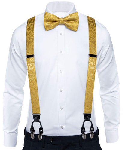 DiBanGu Gold Paisley Suspenders for Men Y-Shape Adjustable Suspenders Bowtie Pocket Square Cufflinks Clip Brace