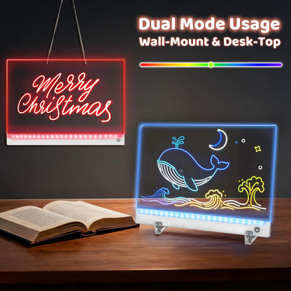 Rechargeable LED Drawing Board for Kids, 13.8 x 10 Dry Erase Board, 4 Modes &7 Colors Glowing Doodle Note Board, Include Hanging Chain, 2 Stands, 8 Markers, Spray Bottle, Cleaning Cloth, Girls Gifts