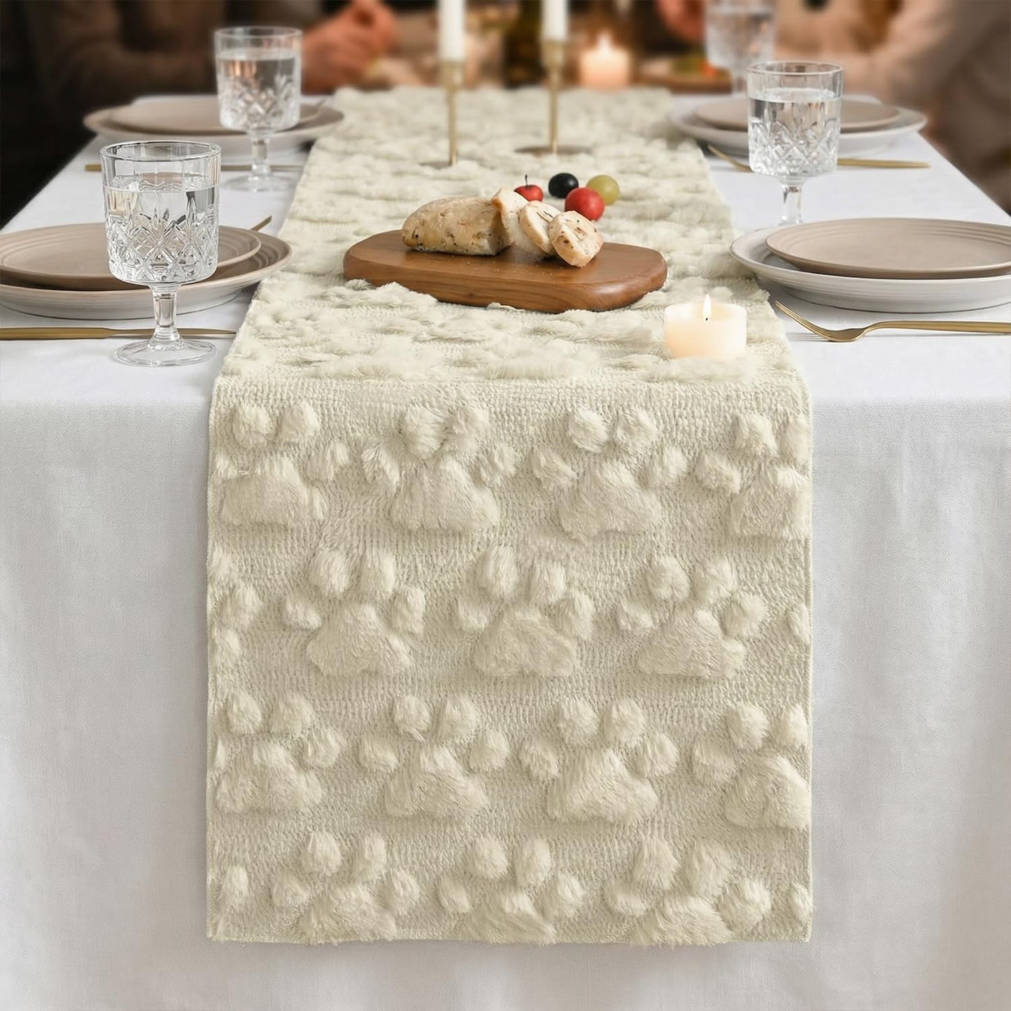 Artoid Mode Beige Soft Plush Faux Fur Jacquard Paws Pet Table Runner, Kitchen Dining Table Decoration for Home Party Decor 13x72 Inch