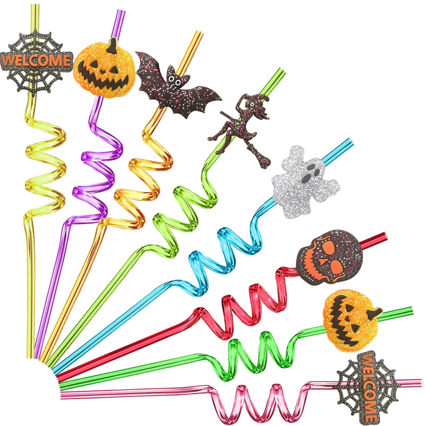 24Pcs Bling Glitter Halloween Party Favors Straws Bats Pumpkin Witch Ghost Straws for Halloween Party Supplies Birthday Party Decoration with 2 Cleaning Brush.