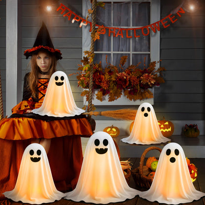 WinnerWhy Set of 5 Halloween Ghost Decoration 14" 11" 9" Ghosts Table Centerpieces with LED Candles with Metal Stand Spooky Halloween Tabletop Crafts for Party Indoor Home Room Kitchen Office, 3 Sizes