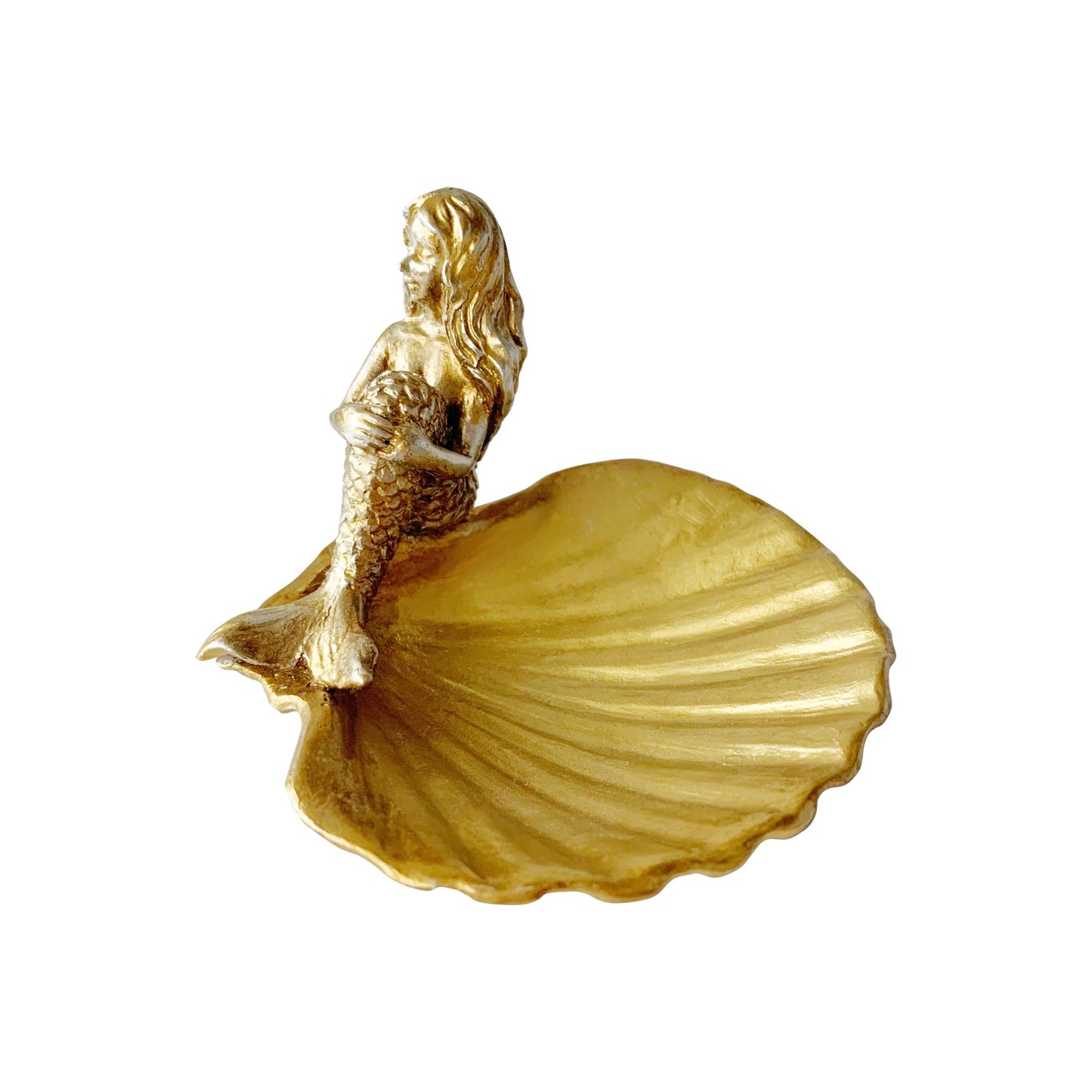 Jewelry Dish, Resin Mermaid Shell Dish Ring Holder Jewelry Organizer Trinket Dish, Golden Mermaid Shell Statue Home Decor for Home Office Desktop Bookshelf